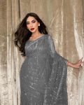 ATTRACTIVE GEORGETTE EMBROIDERY SEQUENCE AND LACE WITH PIPING WORK SAREE WITH UNSTITCHED BLOUSE GREY