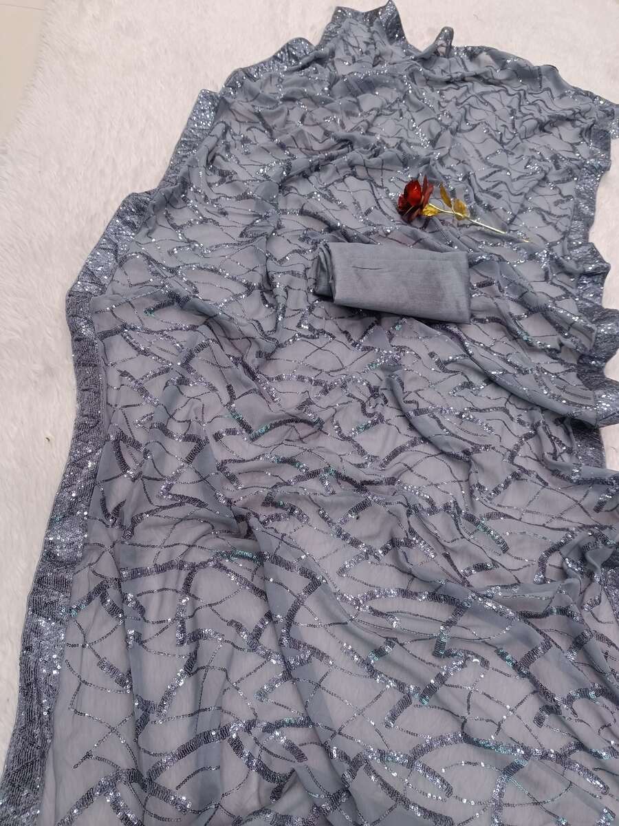 ATTRACTIVE GEORGETTE EMBROIDERY SEQUENCE AND LACE WITH PIPING WORK SAREE WITH UNSTITCHED BLOUSE PARTY WEAR WHOLESALE PRICE ETHNIC GARMENT (20)