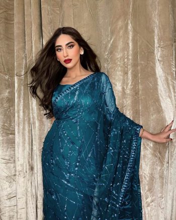 ATTRACTIVE GEORGETTE EMBROIDERY SEQUENCE AND LACE WITH PIPING WORK SAREE WITH UNSTITCHED BLOUSE TEAL