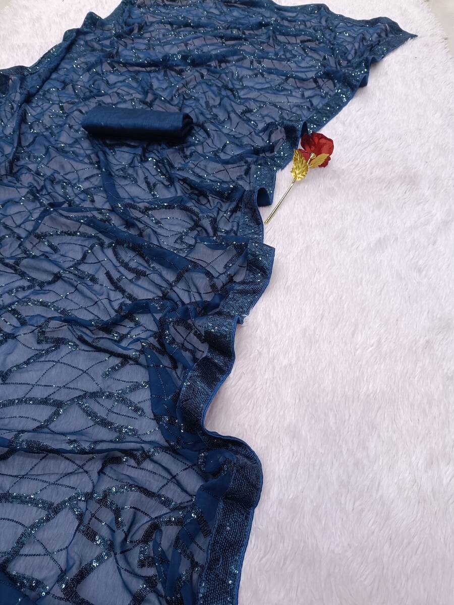 ATTRACTIVE GEORGETTE EMBROIDERY SEQUENCE AND LACE WITH PIPING WORK SAREE WITH UNSTITCHED BLOUSE PARTY WEAR WHOLESALE PRICE ETHNIC GARMENT (23)