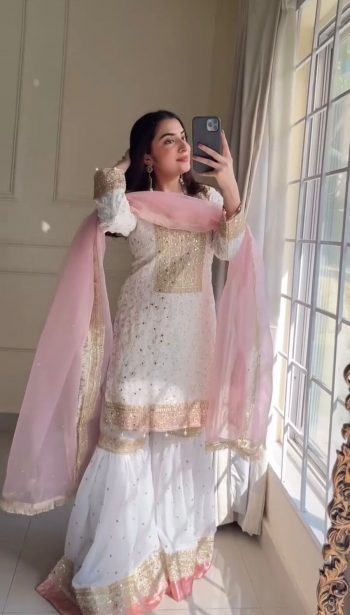 ATTRACTIVE GEORGETTE EMBROIDERY SEQUENCE AND THREAD WORK TOP SHARARA WITH DUPATTA WHITE