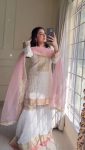 ATTRACTIVE GEORGETTE EMBROIDERY SEQUENCE AND THREAD WORK TOP SHARARA WITH DUPATTA WHITE