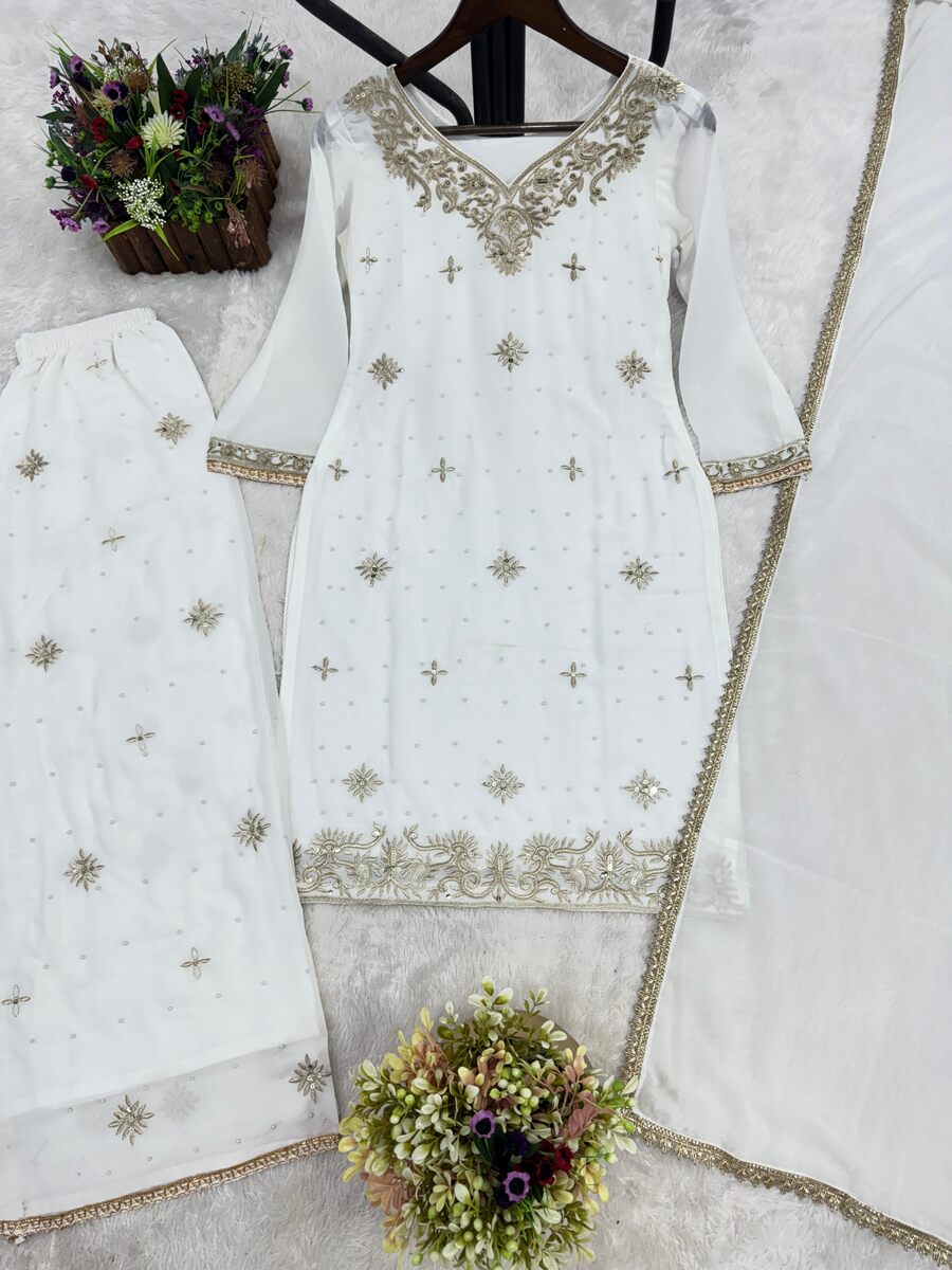 ATTRACTIVE GEORGETTE EMBROIDERY SEQUENCE WORK AND RIVETED MOTI WORK TOP PALAZZO WITH DUPATTA FORMAL WEAR WHOLESALE PRICE ETHNIC GARMENT (29)