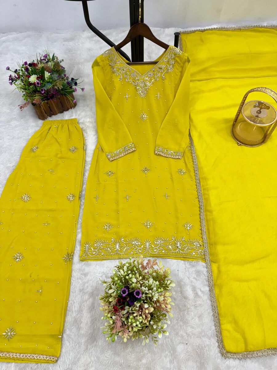 ATTRACTIVE GEORGETTE EMBROIDERY SEQUENCE WORK AND RIVETED MOTI WORK TOP PALAZZO WITH DUPATTA FORMAL WEAR WHOLESALE PRICE ETHNIC GARMENT (31)