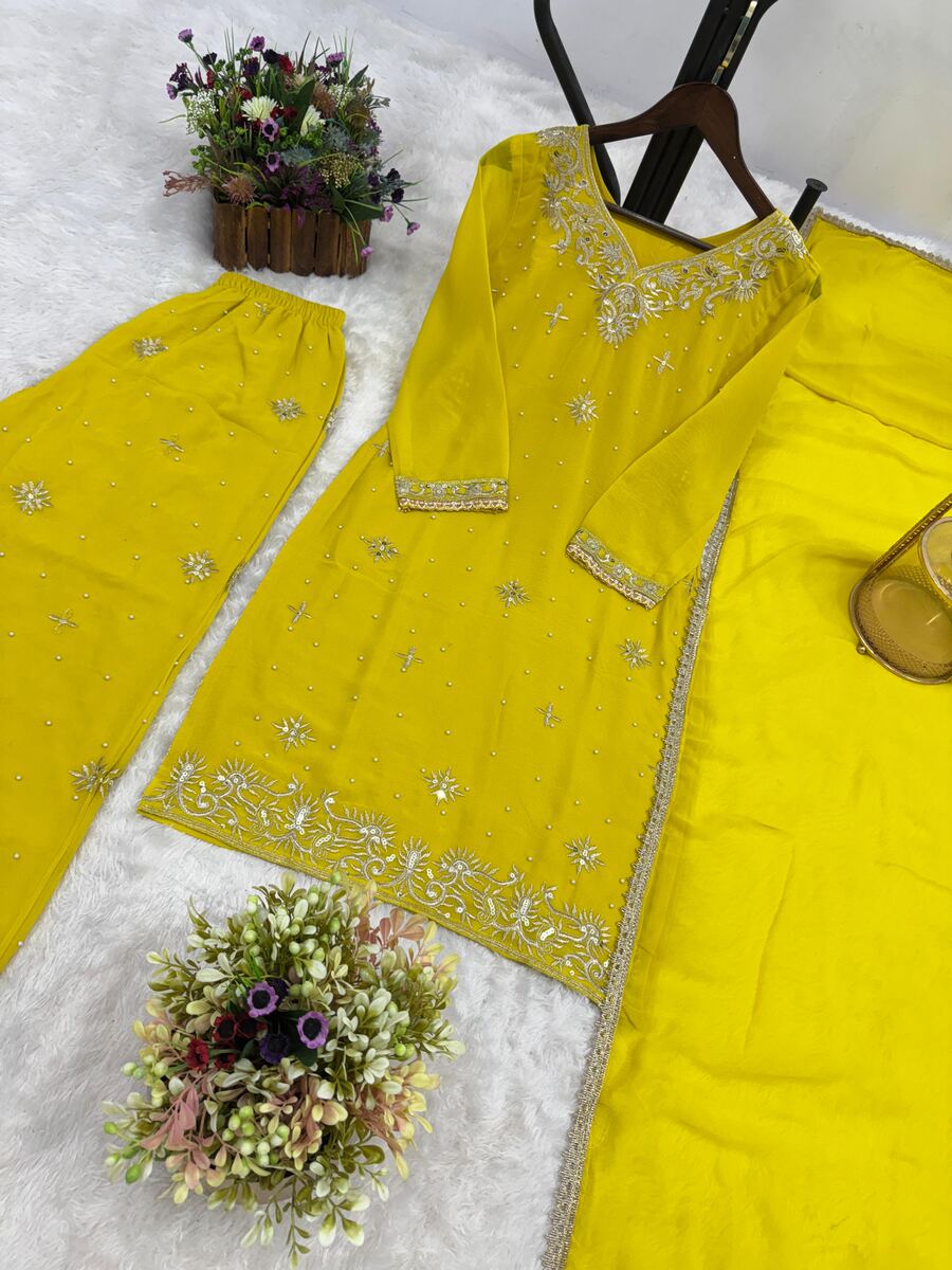 ATTRACTIVE GEORGETTE EMBROIDERY SEQUENCE WORK AND RIVETED MOTI WORK TOP PALAZZO WITH DUPATTA FORMAL WEAR WHOLESALE PRICE ETHNIC GARMENT (33)