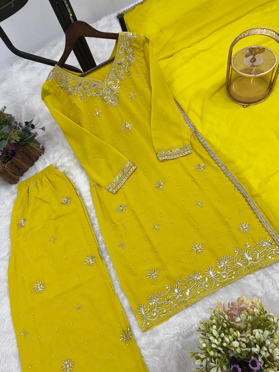 ATTRACTIVE GEORGETTE EMBROIDERY SEQUENCE WORK AND RIVETED MOTI WORK TOP PALAZZO WITH DUPATTA FORMAL WEAR WHOLESALE PRICE ETHNIC GARMENT (34)