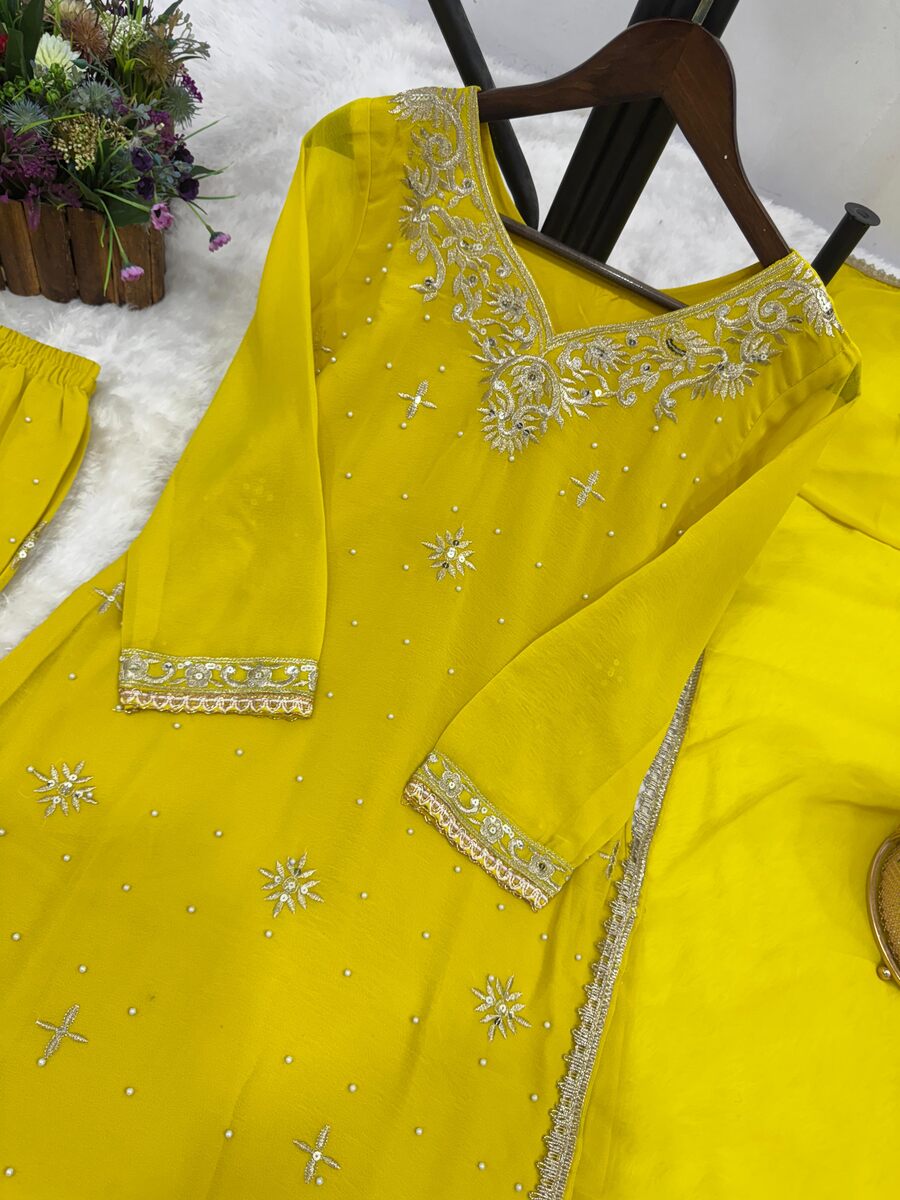 ATTRACTIVE GEORGETTE EMBROIDERY SEQUENCE WORK AND RIVETED MOTI WORK TOP PALAZZO WITH DUPATTA FORMAL WEAR WHOLESALE PRICE ETHNIC GARMENT (35)