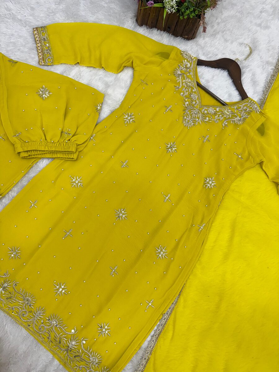 ATTRACTIVE GEORGETTE EMBROIDERY SEQUENCE WORK AND RIVETED MOTI WORK TOP PALAZZO WITH DUPATTA FORMAL WEAR WHOLESALE PRICE ETHNIC GARMENT (37)