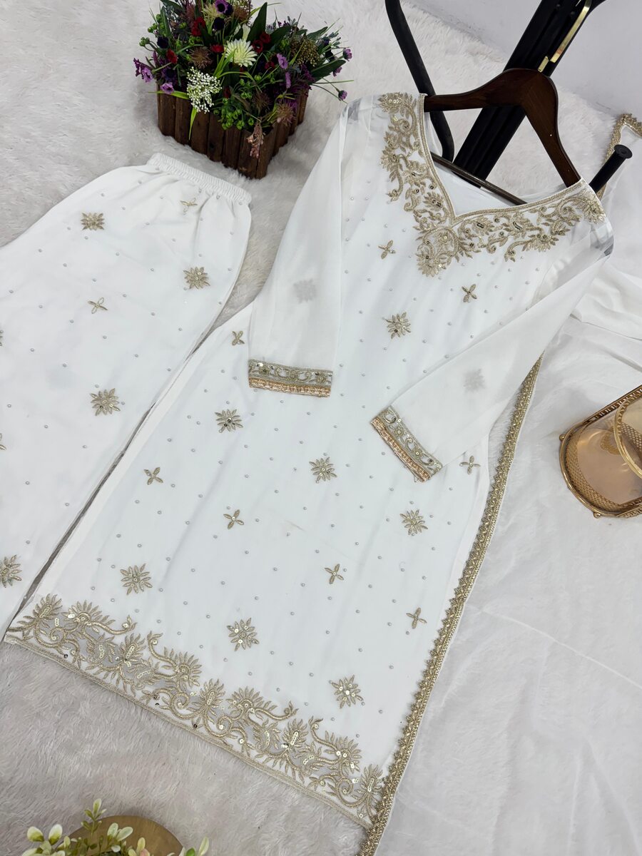 ATTRACTIVE GEORGETTE EMBROIDERY SEQUENCE WORK AND RIVETED MOTI WORK TOP PALAZZO WITH DUPATTA FORMAL WEAR WHOLESALE PRICE ETHNIC GARMENT (40)