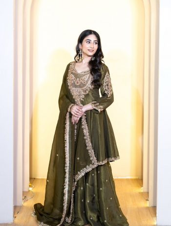 ATTRACTIVE GEORGETTE   EMBROIDERY SEQUENCE WORK TOP PALAZZO WITH DUPATTA GREEN