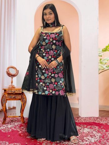 ATTRACTIVE GEORGETTE EMBROIDERY SEQUENCE WORK TOP SHARARA WITH DUPATTA BLACK