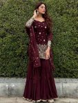 ATTRACTIVE GEORGETTE EMBROIDERY SEQUENCE WORK  TOP  SHARARA WITH DUPATTA MAROON