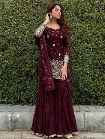 ATTRACTIVE GEORGETTE EMBROIDERY SEQUENCE WORK  TOP  SHARARA WITH DUPATTA MAROON
