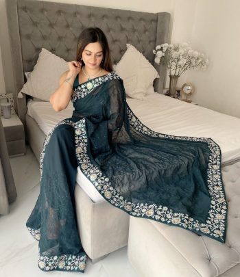 ATTRACTIVE GEORGETTE EMBROIDERY SEQUENCE WORK WITH SEQUENCE LACE SAREE WITH UNSTITCHED BLOUSE TEAL