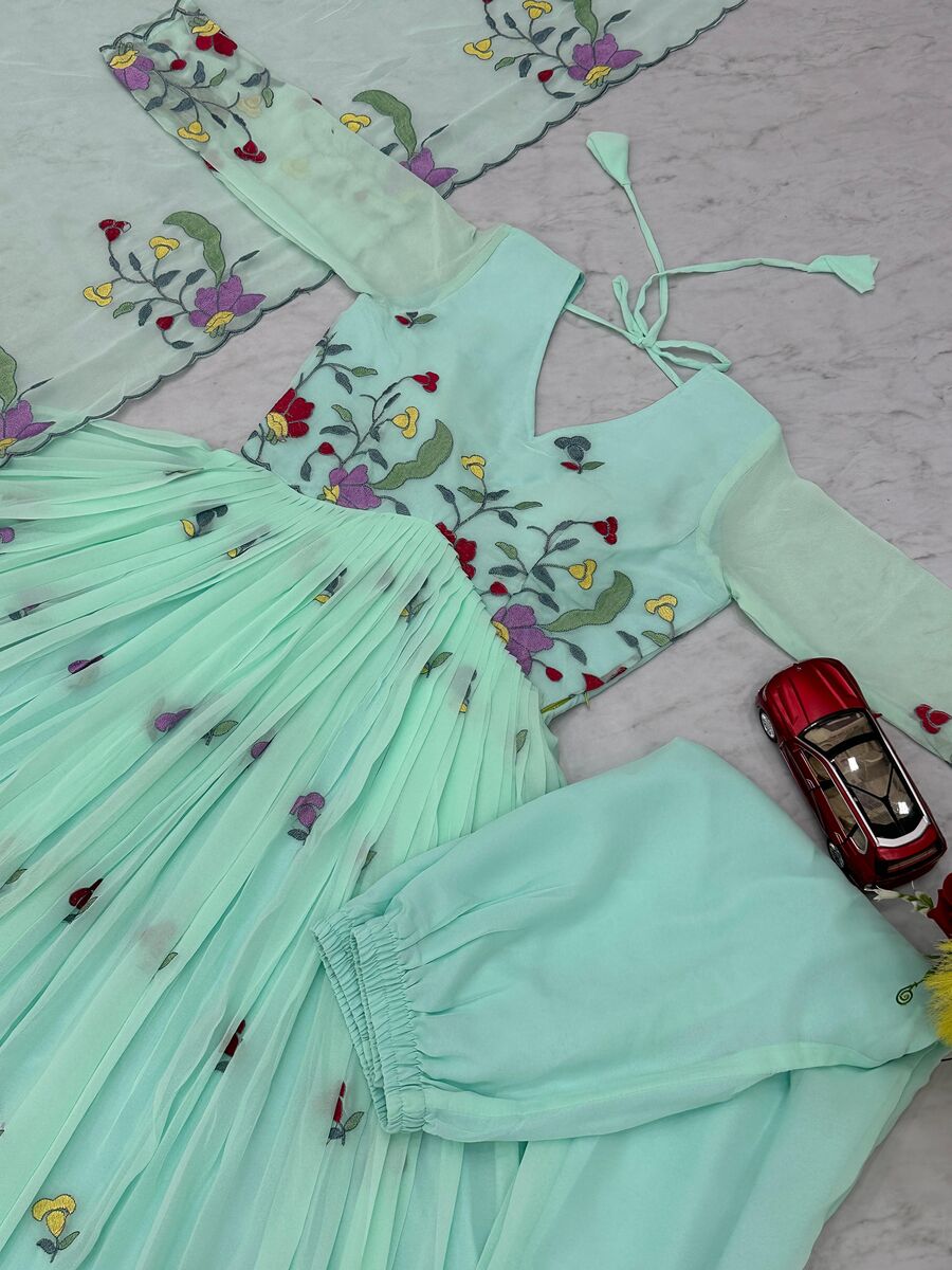 ATTRACTIVE GEORGETTE EMBROIDERY THREAD WORK GOWN BOTTOM WITH DUPATTA FESTIVAL WEAR WHOLESALE PRICE ETHNIC GARMENT(31)