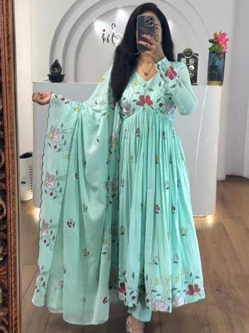 ATTRACTIVE GEORGETTE EMBROIDERY THREAD WORK GOWN BOTTOM WITH DUPATTA SKY