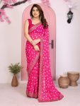 ATTRACTIVE GEORGETTE RAJWADI BANDHEJ PRINT WITH EMBROIDERY WORK SAREE WITH UNSTITCHED BLOUSE PINK