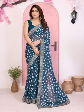 ATTRACTIVE GEORGETTE RAJWADI BANDHEJ PRINT WITH EMBROIDERY WORK SAREE WITH UNSTITCHED BLOUSE GREEN