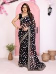 ATTRACTIVE GEORGETTE RAJWADI BANDHEJ PRINT WITH EMBROIDERY WORK SAREE WITH UNSTITCHED BLOUSE BLACK