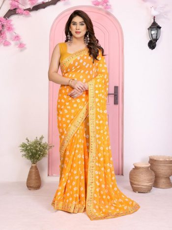 ATTRACTIVE GEORGETTE RAJWADI BANDHEJ PRINT WITH EMBROIDERY WORK SAREE WITH UNSTITCHED BLOUSE YELLOW