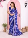 ATTRACTIVE GEORGETTE RAJWADI BANDHEJ PRINT WITH EMBROIDERY WORK SAREE WITH UNSTITCHED BLOUSE BLUE