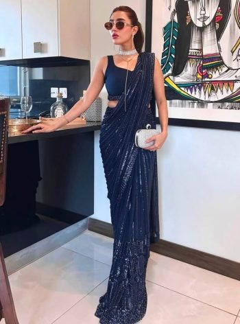 ATTRACTIVE GEORGETTE SEQUENCE , THREAD & DORI WORK SAREE WITH UNSTITCHED BLOUSE BLACK