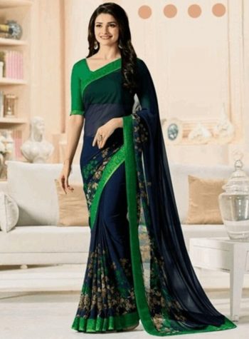 ATTRACTIVE GEORGETTE SILK DIGITAL PRINT WITH LACE BORDER SAREE WITH UNSTITCHED BLOUSE GREEN