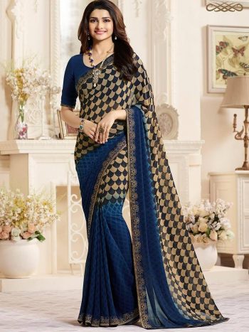 ATTRACTIVE GEORGETTE SILK DIGITAL PRINT WITH LACE BORDER SAREE WITH UNSTITCHED BLOUSE BLUE