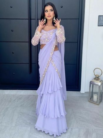 ATTRACTIVE GEORGETTE THREAD WITH SEQUENCE WITH LACE BORDER WORK LEHENGA SAREE WITH UNSTITCHED BLOUSE LAVENDER