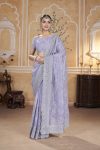 ATTRACTIVE GOLD CRUNCHY SILVER ZARI THREAD EMBROIDERY WORK WITH DIAMOND WORK SAREE WITH UNSTITCHED BLOUSE LAVENDER