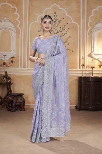 ATTRACTIVE GOLD CRUNCHY SILVER ZARI THREAD EMBROIDERY WORK WITH DIAMOND WORK SAREE WITH UNSTITCHED BLOUSE LAVENDER