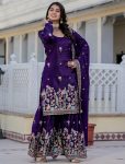 ATTRACTIVE GOLD CRUSH SEQUENCE EMBROIDERY DAMAN WORK TOP PALAZZO WITH DUPATTA PURPLE