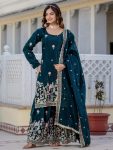 ATTRACTIVE GOLD CRUSH SEQUENCE EMBROIDERY DAMAN WORK TOP PALAZZO WITH DUPATTA TEAL