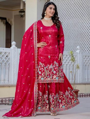 ATTRACTIVE GOLD CRUSH SEQUENCE EMBROIDERY DAMAN WORK TOP PALAZZO WITH DUPATTA RED