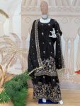 ATTRACTIVE GOLD CRUSH SEQUENCE EMBROIDERY DAMAN WORK TOP PALAZZO WITH DUPATTA BLACK