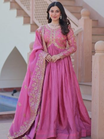 ATTRACTIVE GOLD-CRUSH SEQUENCE & MULTI EMBROIDERY WORK GOWN WITH DUPATTA PINK