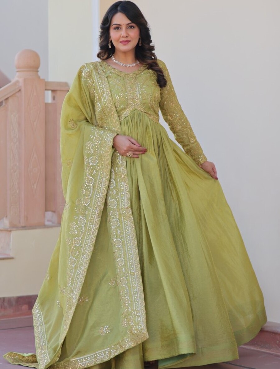 ATTRACTIVE GOLD-CRUSH SEQUENCE & MULTI EMBROIDERY WORK GOWN WITH DUPATTA FESTIVAL WEAR WHOLESALE PRICE ETHNIC GARMENT (22)