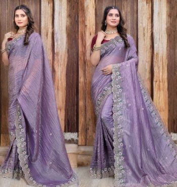 ATTRACTIVE GOLD CRUSH SILK EMBROIDERY SEQUENCE WITH ZARI THREADS AND CODING WORK SAREE WITH UNSTITCHED BLOUSE LAVENDER