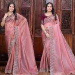 ATTRACTIVE GOLD CRUSH SILK EMBROIDERY SEQUENCE WITH ZARI THREADS AND CODING WORK SAREE WITH UNSTITCHED BLOUSE PEACH