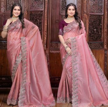ATTRACTIVE GOLD CRUSH SILK EMBROIDERY SEQUENCE WITH ZARI THREADS AND CODING WORK SAREE WITH UNSTITCHED BLOUSE PEACH