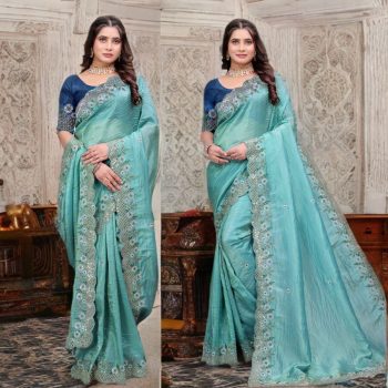 ATTRACTIVE GOLD CRUSH SILK EMBROIDERY SEQUENCE WITH ZARI THREADS AND CODING WORK SAREE WITH UNSTITCHED BLOUSE SKY