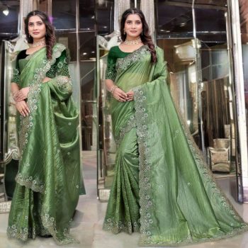 ATTRACTIVE GOLD CRUSH SILK EMBROIDERY SEQUENCE WITH ZARI THREADS AND CODING WORK SAREE WITH UNSTITCHED BLOUSE GREEN