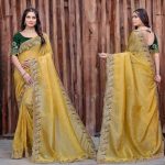 ATTRACTIVE GOLD CRUSH SILK EMBROIDERY SEQUENCE WITH ZARI THREADS AND CODING WORK SAREE WITH UNSTITCHED BLOUSE YELLOW