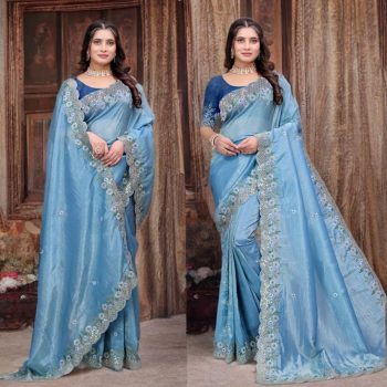 ATTRACTIVE GOLD CRUSH SILK EMBROIDERY SEQUENCE WITH ZARI THREADS AND CODING WORK SAREE WITH UNSTITCHED BLOUSE BLUE
