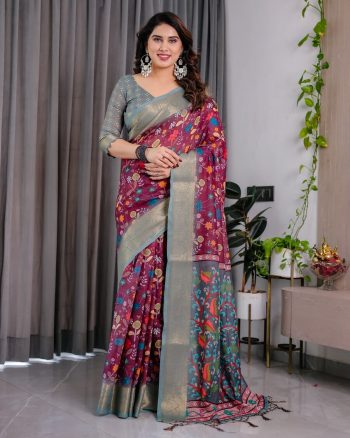 ATTRACTIVE HANDLOOM LINEN DIGITAL FLORAL PRINTS, RICH ZARI WOVEN BORDER WORK SAREE WITH UNSTITCHED BLOUSE PINK