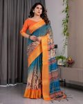 ATTRACTIVE HANDLOOM LINEN DIGITAL FLORAL PRINTS, RICH ZARI WOVEN BORDER WORK SAREE WITH UNSTITCHED BLOUSE RAMA