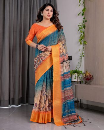 ATTRACTIVE HANDLOOM LINEN DIGITAL FLORAL PRINTS, RICH ZARI WOVEN BORDER WORK SAREE WITH UNSTITCHED BLOUSE RAMA