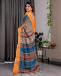 ATTRACTIVE HANDLOOM LINEN DIGITAL FLORAL PRINTS, RICH ZARI WOVEN BORDER WORK SAREE WITH UNSTITCHED BLOUSE FESTIVAL WEAR WHOLESALE PRICE ETHNIC GARMENT (30)