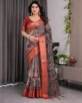 ATTRACTIVE HANDLOOM LINEN DIGITAL FLORAL PRINTS, RICH ZARI WOVEN BORDER WORK SAREE WITH UNSTITCHED BLOUSE BROWN