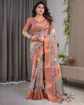 ATTRACTIVE HANDLOOM LINEN DIGITAL FLORAL PRINTS, RICH ZARI WOVEN BORDER WORK SAREE WITH UNSTITCHED BLOUSE PEACH